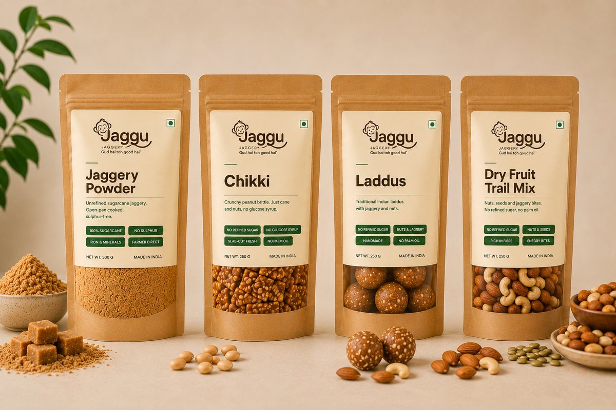The Household Pack: 500g Jaggery Powder with 250g packs of Jaggery Chikki, Jaggery Laddus and Dry Fruit Trail Mix